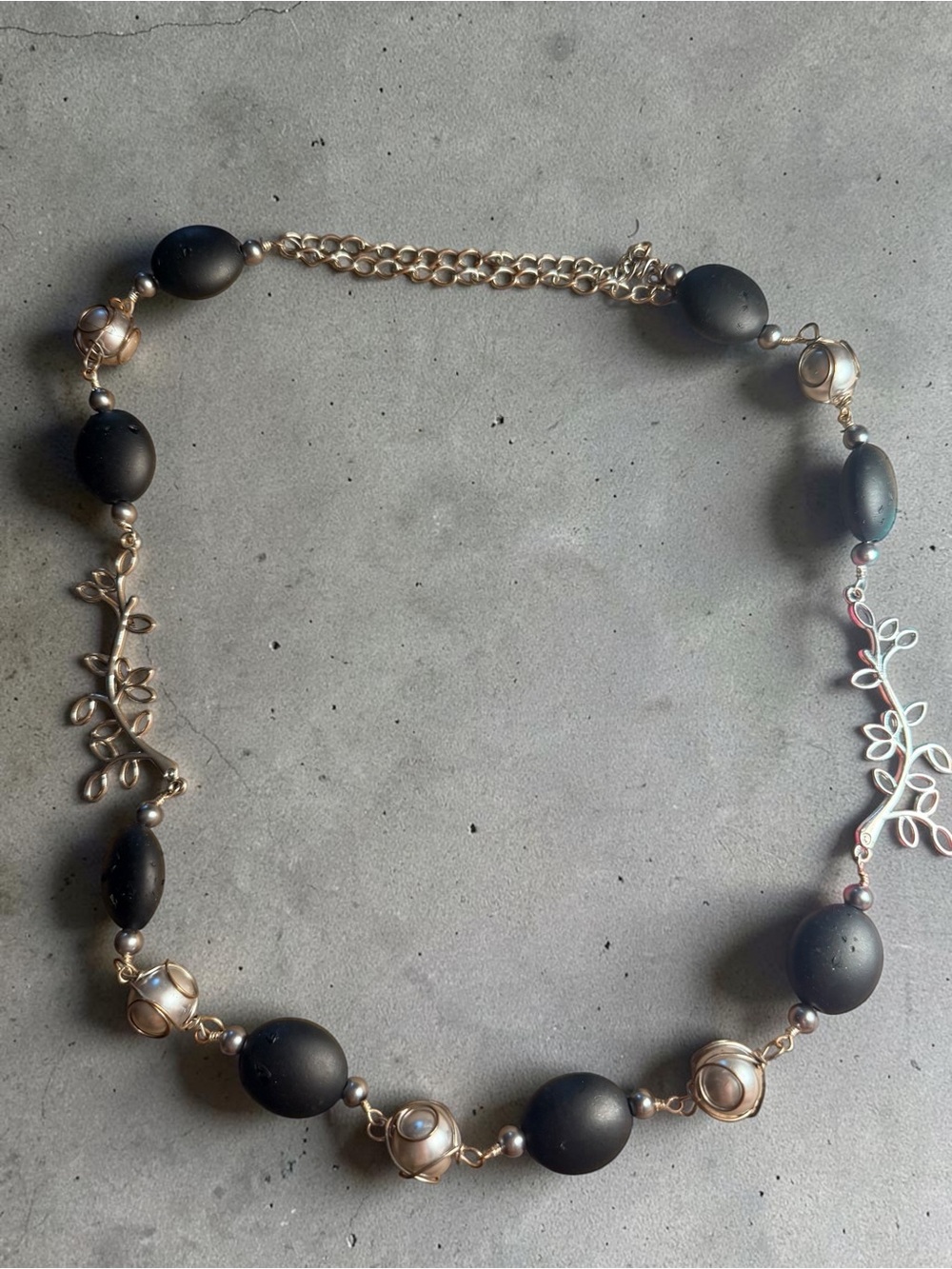 Floral Link Necklace with Black Beads